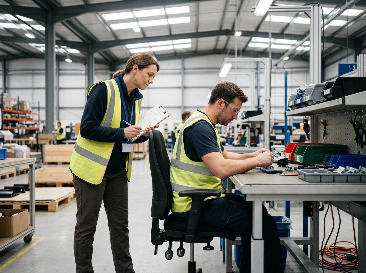 Especialista em ergonomia inspecionando postura, regulagens de cadeira e bancada de trabalho em linha de montagem técnica.