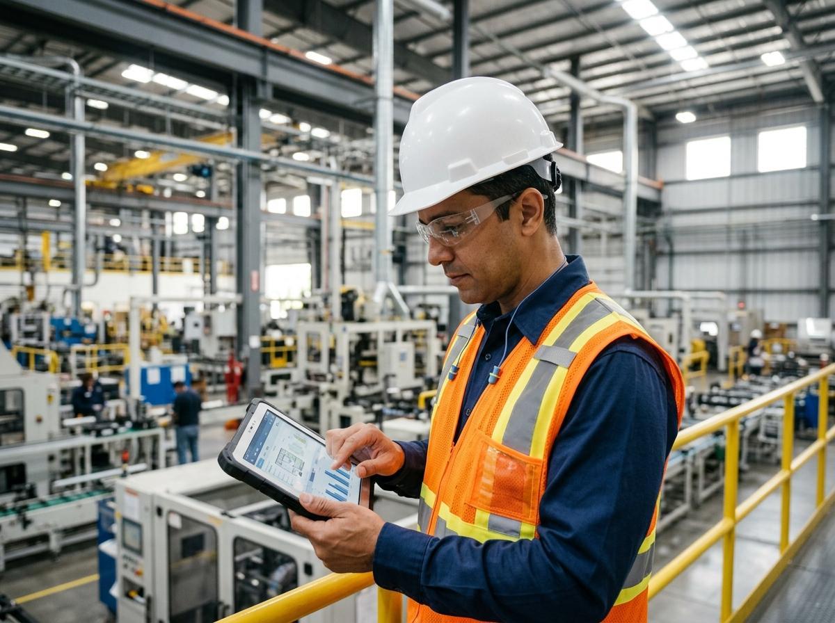 Engenheiro de Segurança inspecionando inventário digital e gestão de riscos em planta industrial (NR 01 / GRO).
