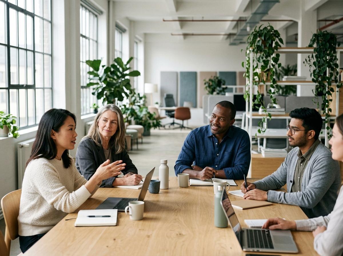 Equipe multidisciplinar em ambiente colaborativo e saudável, discutindo organização do trabalho e bem-estar corporativo.